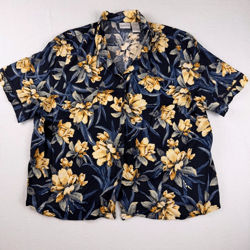 Koret Womens 20W Navy Blue Yellow Floral VTG‎ Linen Short Sleeve Button